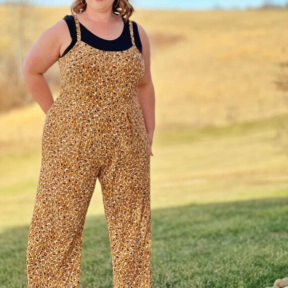 NEW LuLaRoe Leola Wide Leg Cami Jumpsuit Solid Animal Print Golden Tan NWT BOHO - Picture 4 of 7
